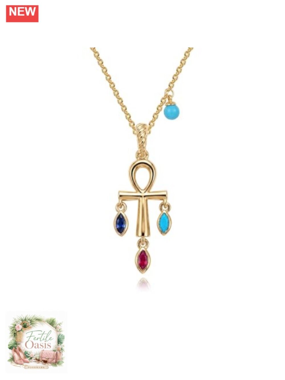 14K Gold Plated Ankh Pendant Necklace, Dainty Adjustable Chain, Layered Beach